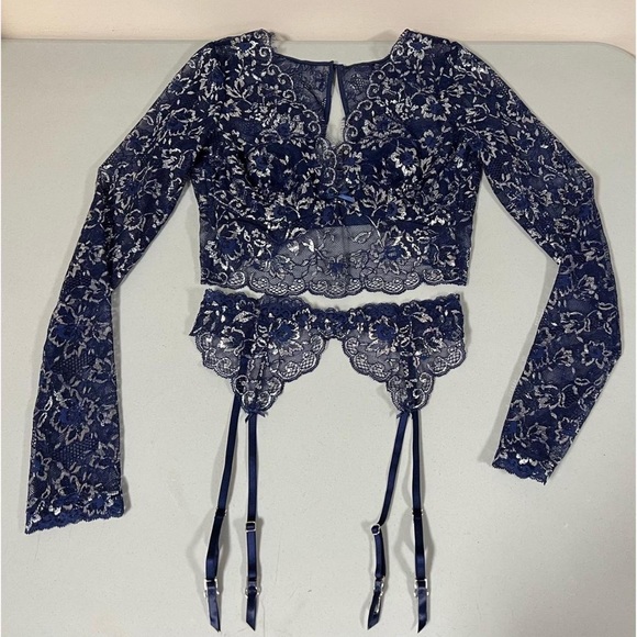 VS Navy Blue Floral Lace Bra-Top Bralette and Garter Belt Coords Matching Set 💙 - Picture 4 of 7